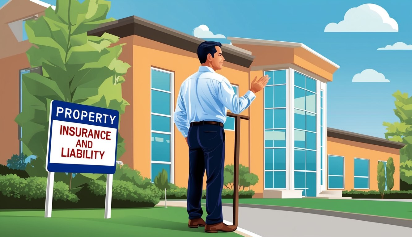 A property owner inspects a well-maintained building, while a sign displaying "Insurance and Liability" is prominently displayed