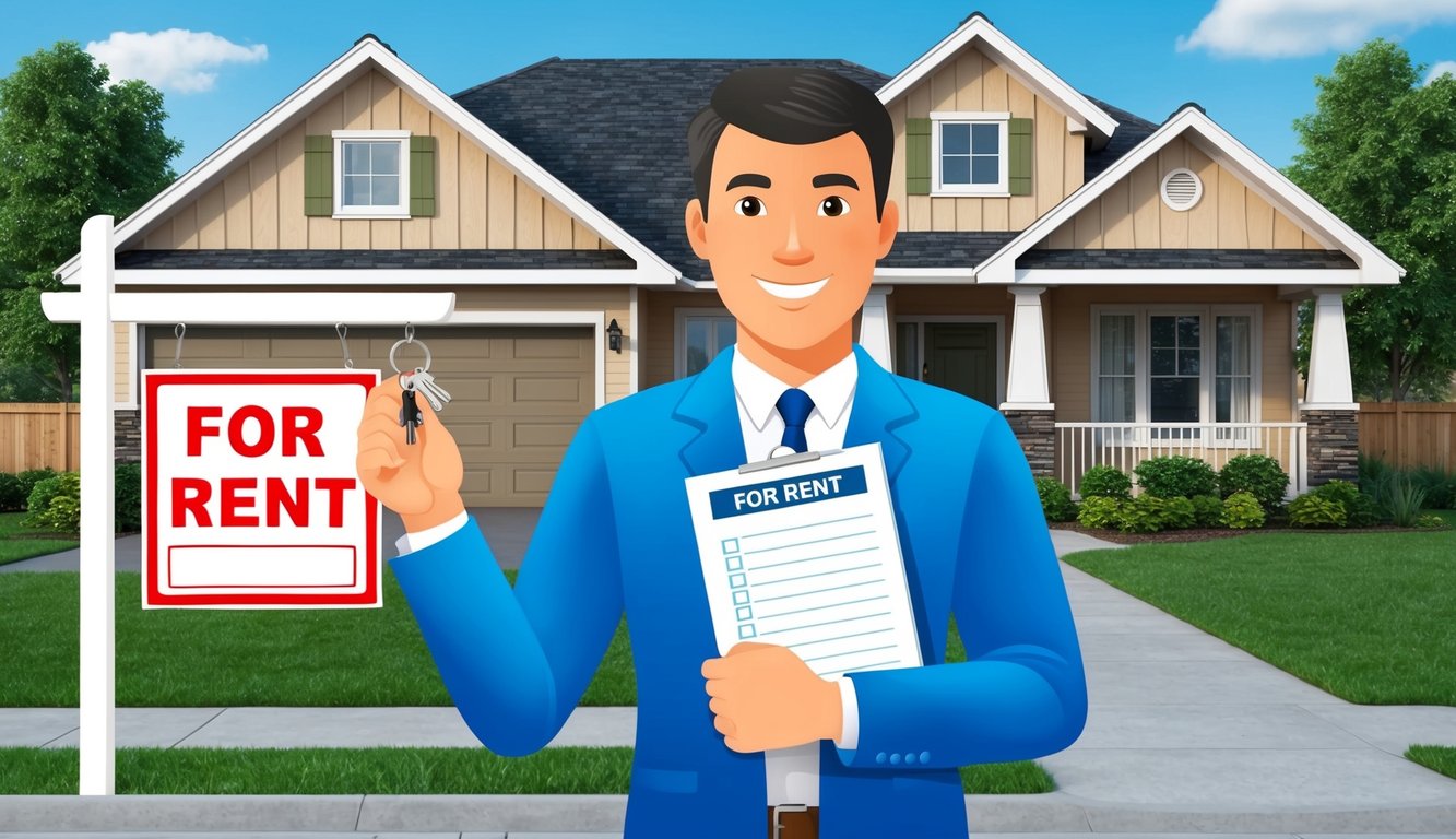 A property owner holding a set of keys and a maintenance checklist, standing in front of a house with a neatly trimmed lawn and a "For Rent" sign displayed