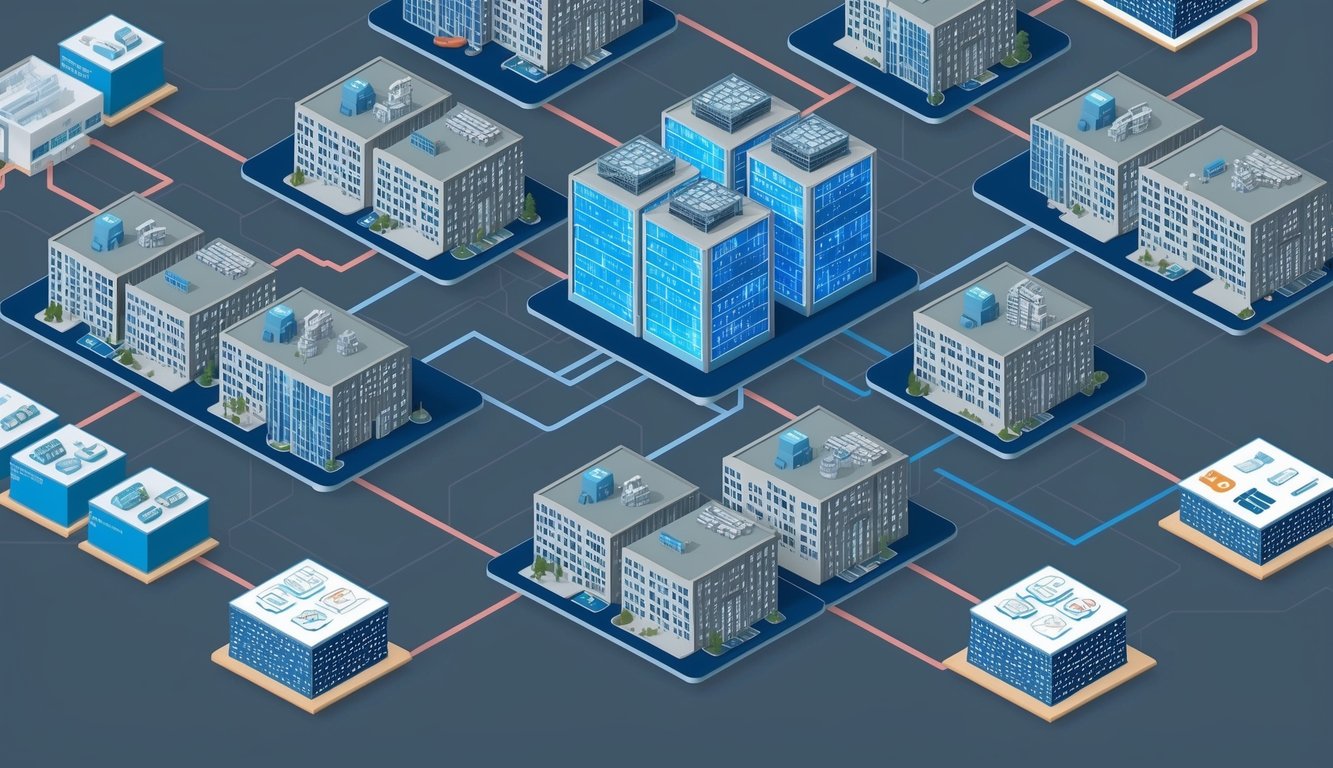 A network of interconnected buildings with multiple layers of security features, including firewalls, encryption, and access controls