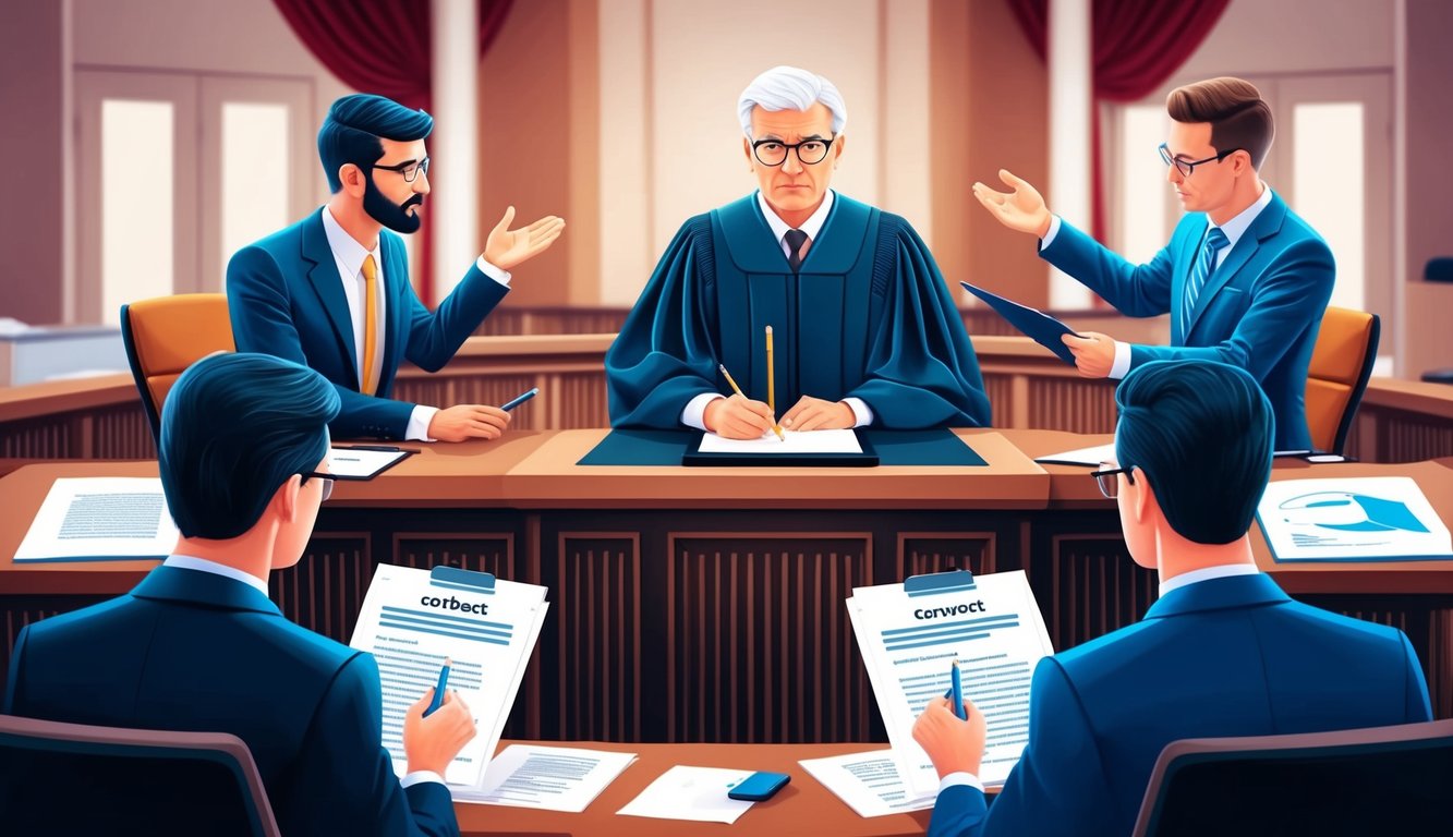 A courtroom scene with a judge presiding over a dispute between two parties, with lawyers presenting arguments and evidence related to unfair contract terms