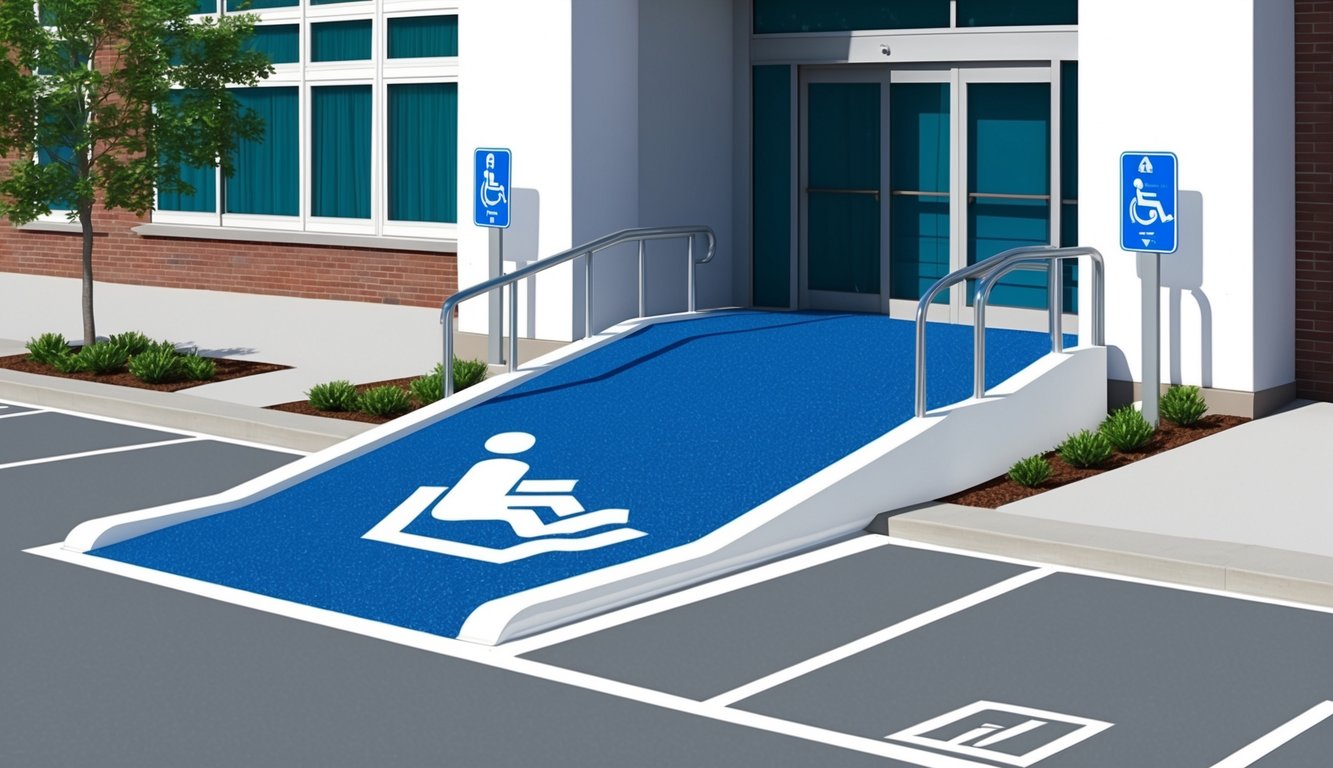 A wheelchair-accessible ramp leading to a building entrance, with clear signage and designated parking spaces