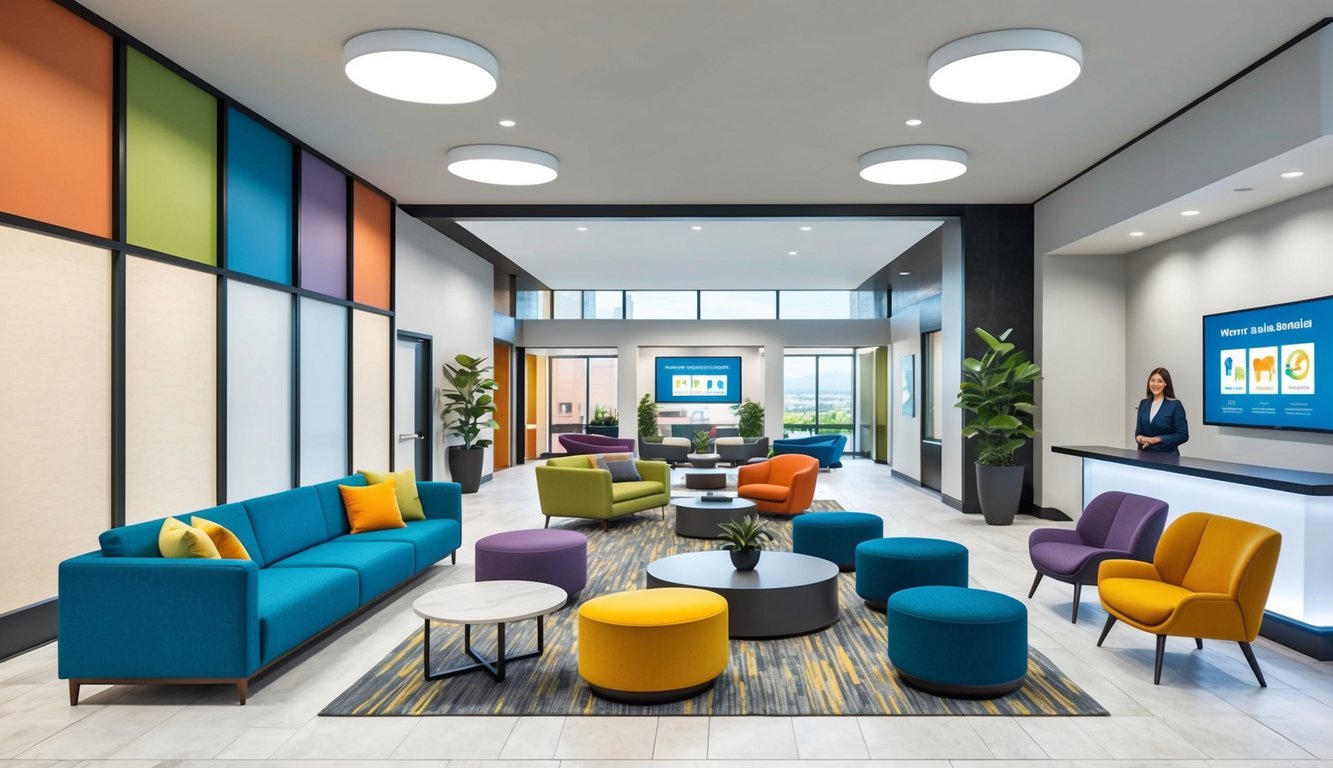 A welcoming lobby with a variety of colorful and comfortable seating options, a modern reception desk, and a digital display showcasing customizable tenant amenities