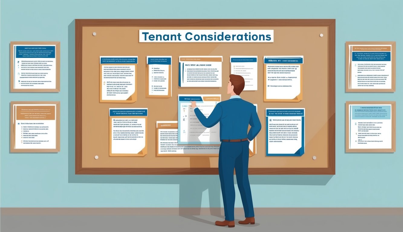 A person standing in front of a bulletin board filled with questions and answers related to tenant considerations