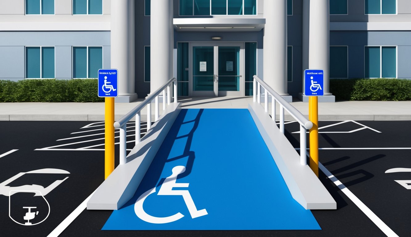 A wheelchair ramp leads to a building entrance, with clear signage and designated accessible parking spaces nearby