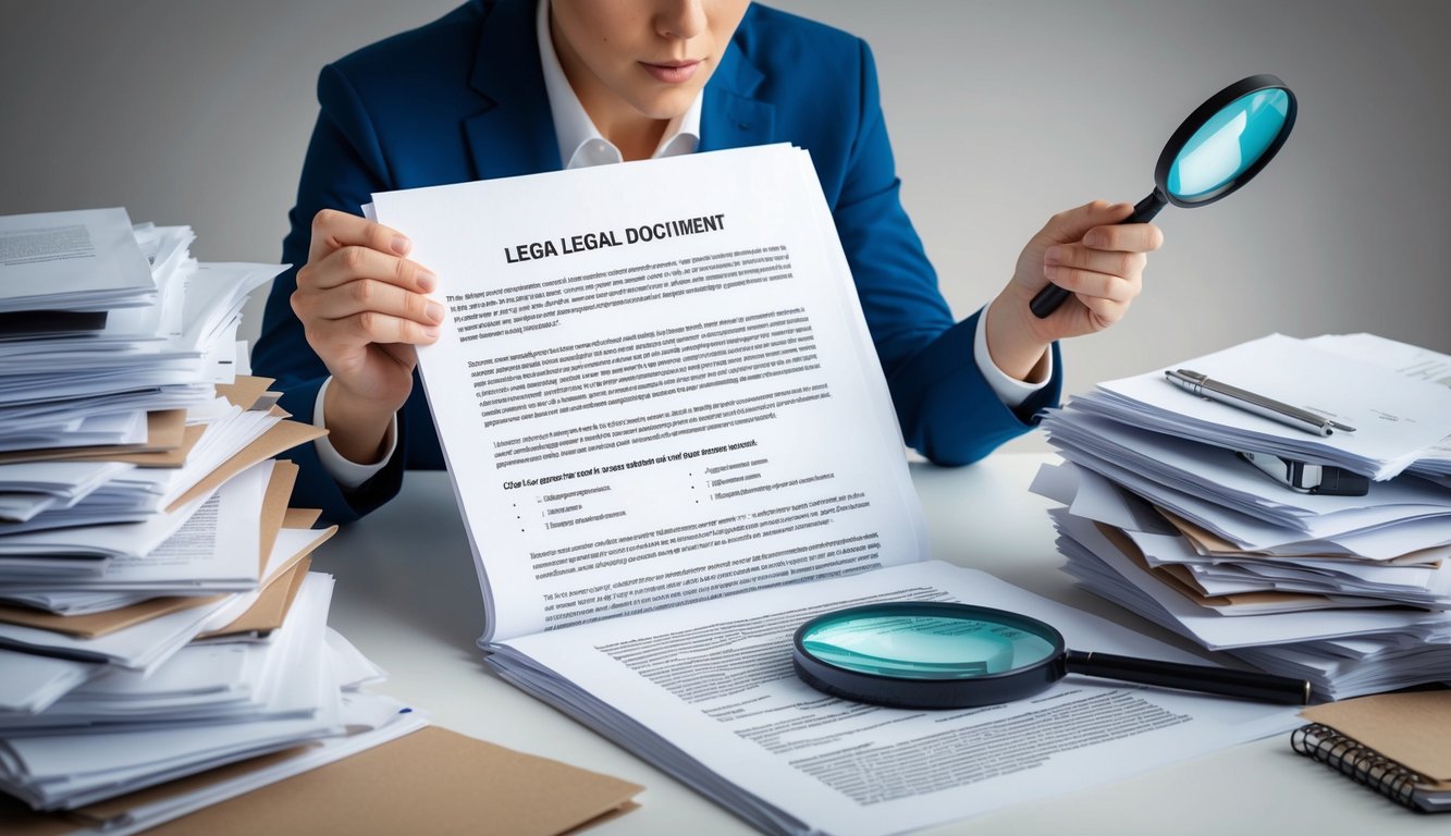 A person studying a complex legal document, with a puzzled expression, surrounded by piles of paperwork and a magnifying glass