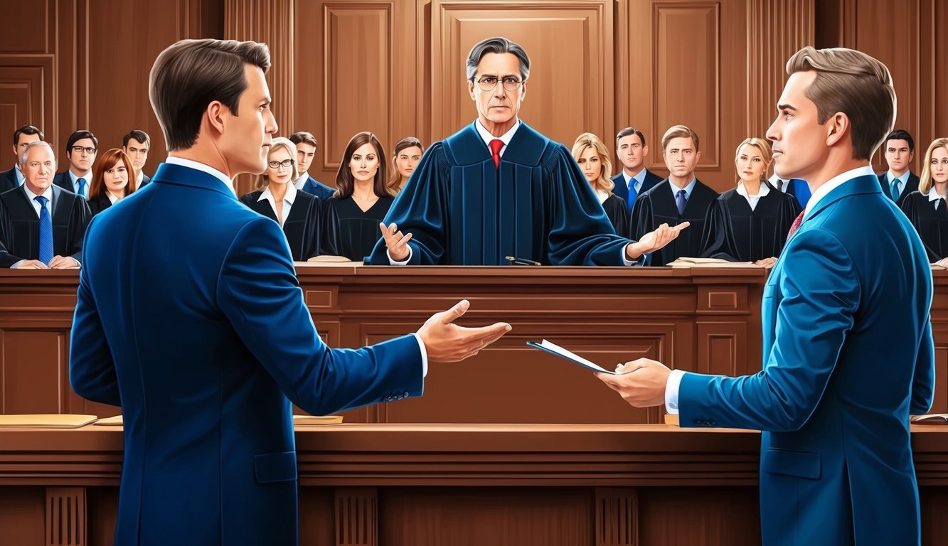 A courtroom scene with two lawyers presenting arguments to a judge, while a group of people observe from the gallery