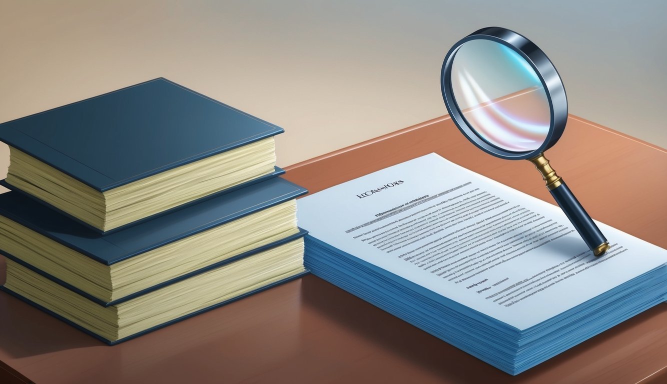 A stack of legal documents with highlighted sections and a magnifying glass