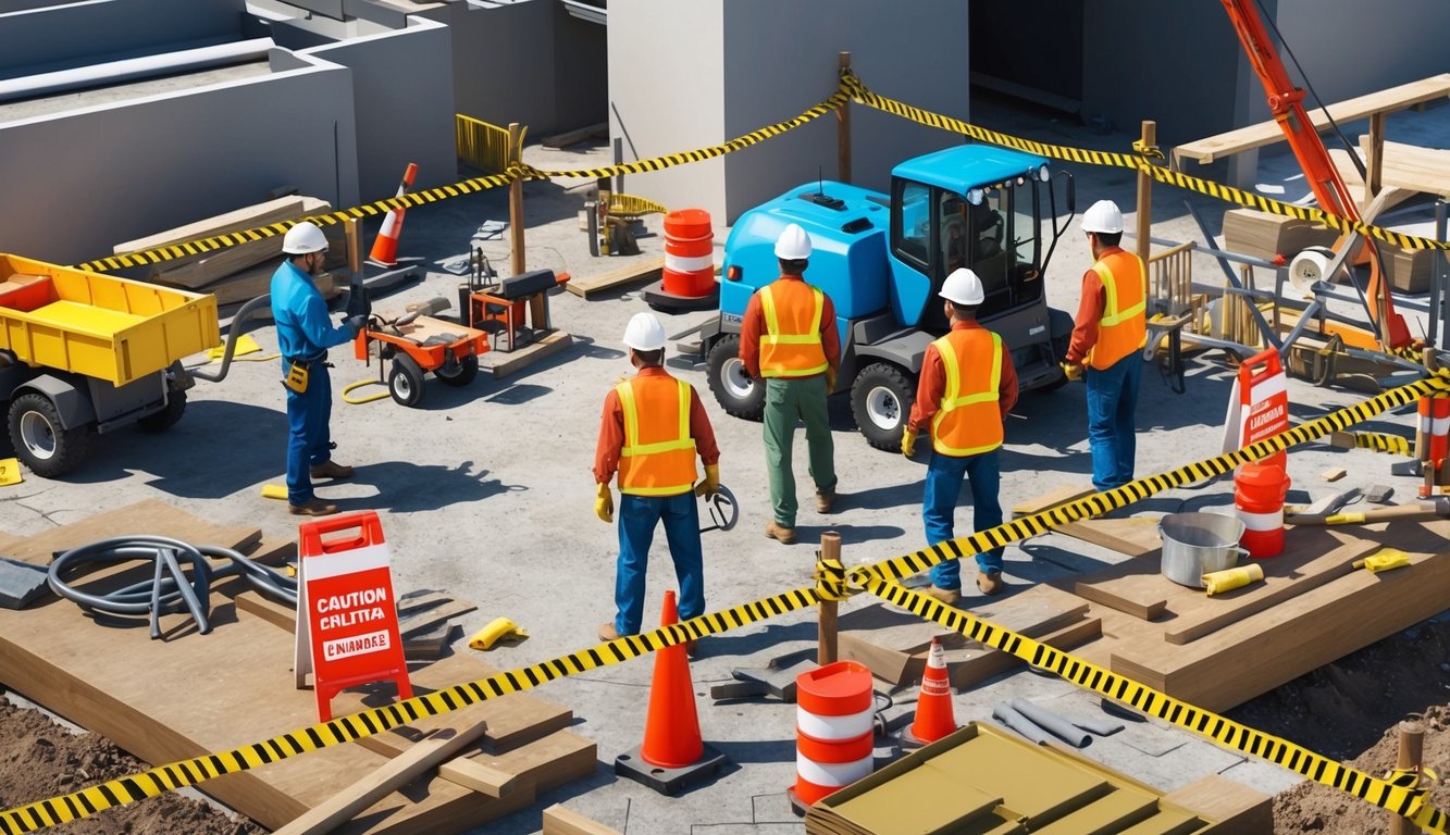 A bustling construction site with workers and equipment, surrounded by caution tape and warning signs