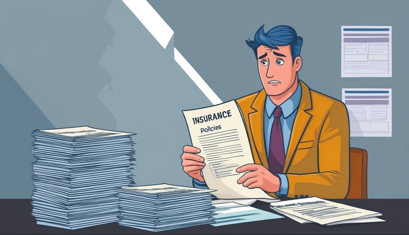 A business owner reviewing insurance policies with a stack of paperwork and a worried expression