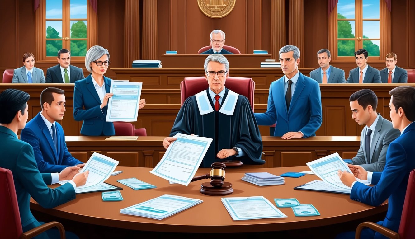 A courtroom with a judge presiding over a legal dispute, while financial documents and evidence are presented by both parties