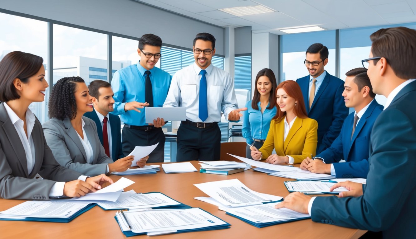 A busy office with people discussing and reviewing documents, while an insurance agent explains general liability claims to a group of business owners