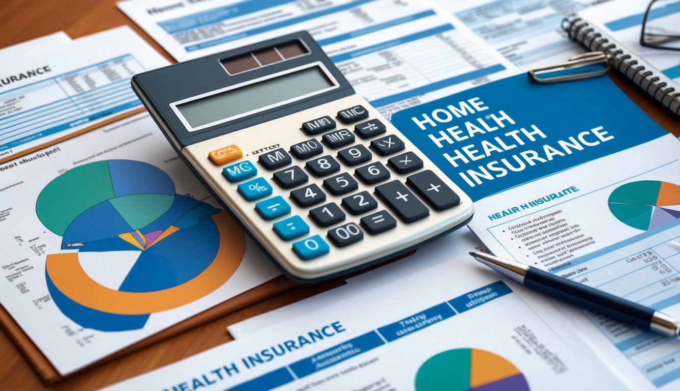 A calculator surrounded by home and health insurance documents and charts