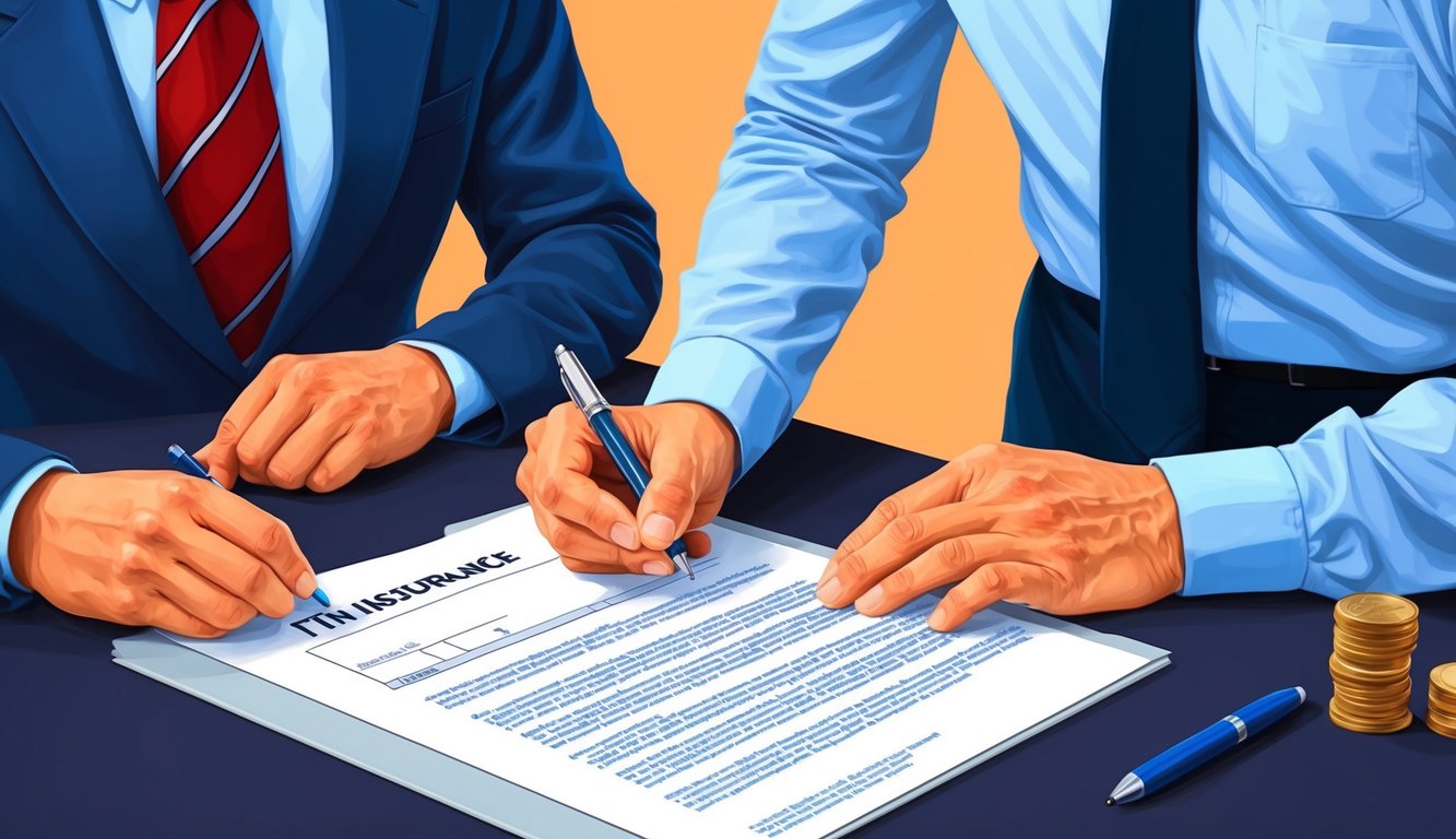 A person signing a document with an insurance agent explaining terms