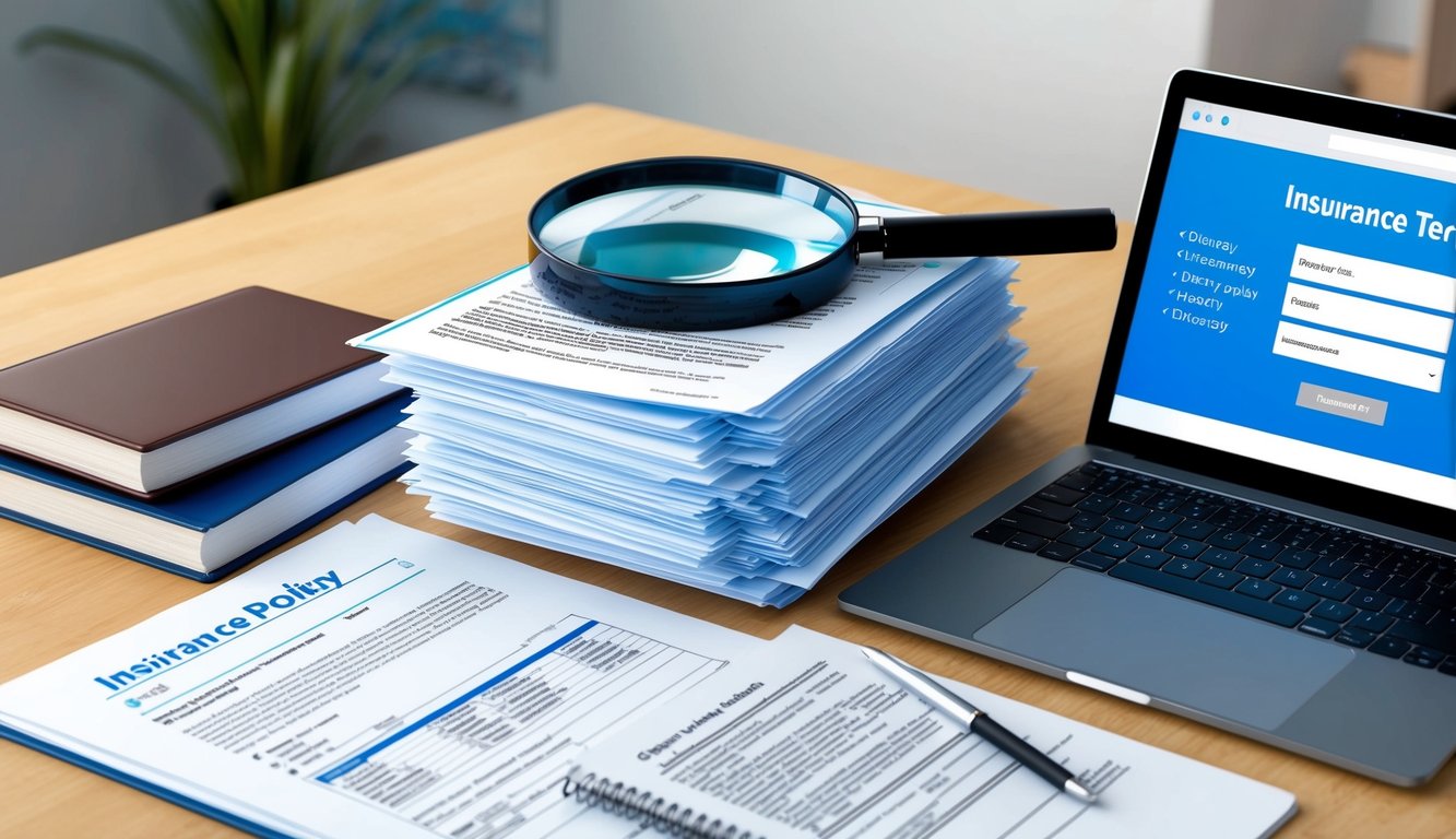 A stack of insurance policy documents with a magnifying glass on top, surrounded by a dictionary and a laptop open to a webpage on insurance terms