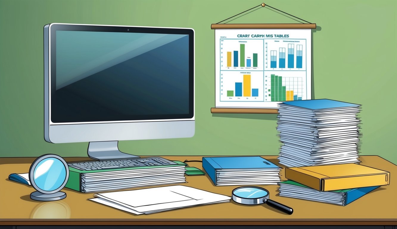 A desk with a computer, files, and a stack of papers.</p><p>A scale and a magnifying glass sit nearby.</p><p>A chart with graphs and tables hangs on the wall