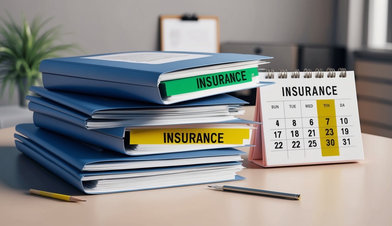 A stack of insurance documents with highlighted terms and a calendar showing renewal dates