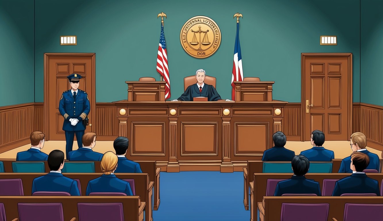 A courtroom with a judge's bench, witness stand, and seating for attorneys and defendants.</p><p>A bailiff stands by the door