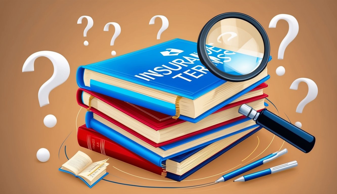 A stack of open books with insurance terms highlighted, surrounded by question marks and a magnifying glass