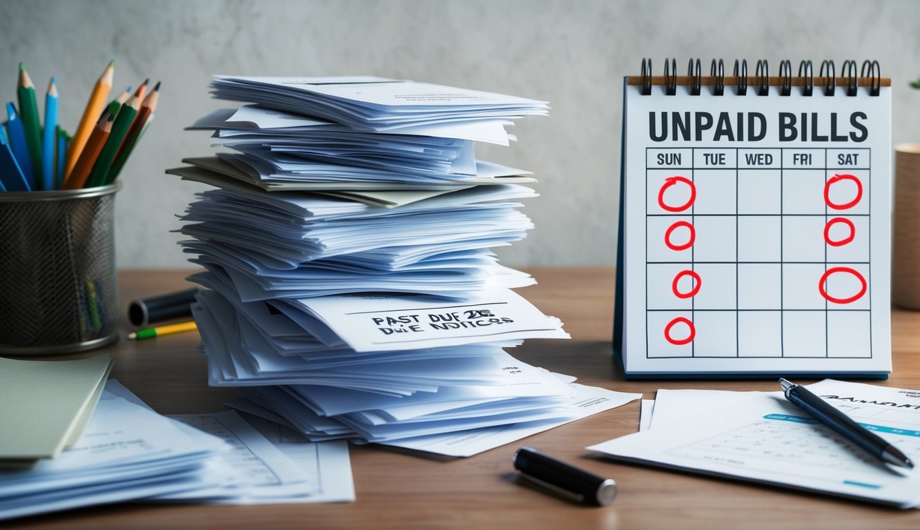 A pile of unpaid bills and past due notices stacked on a cluttered desk.</p><p>A calendar with multiple missed payment dates circled in red