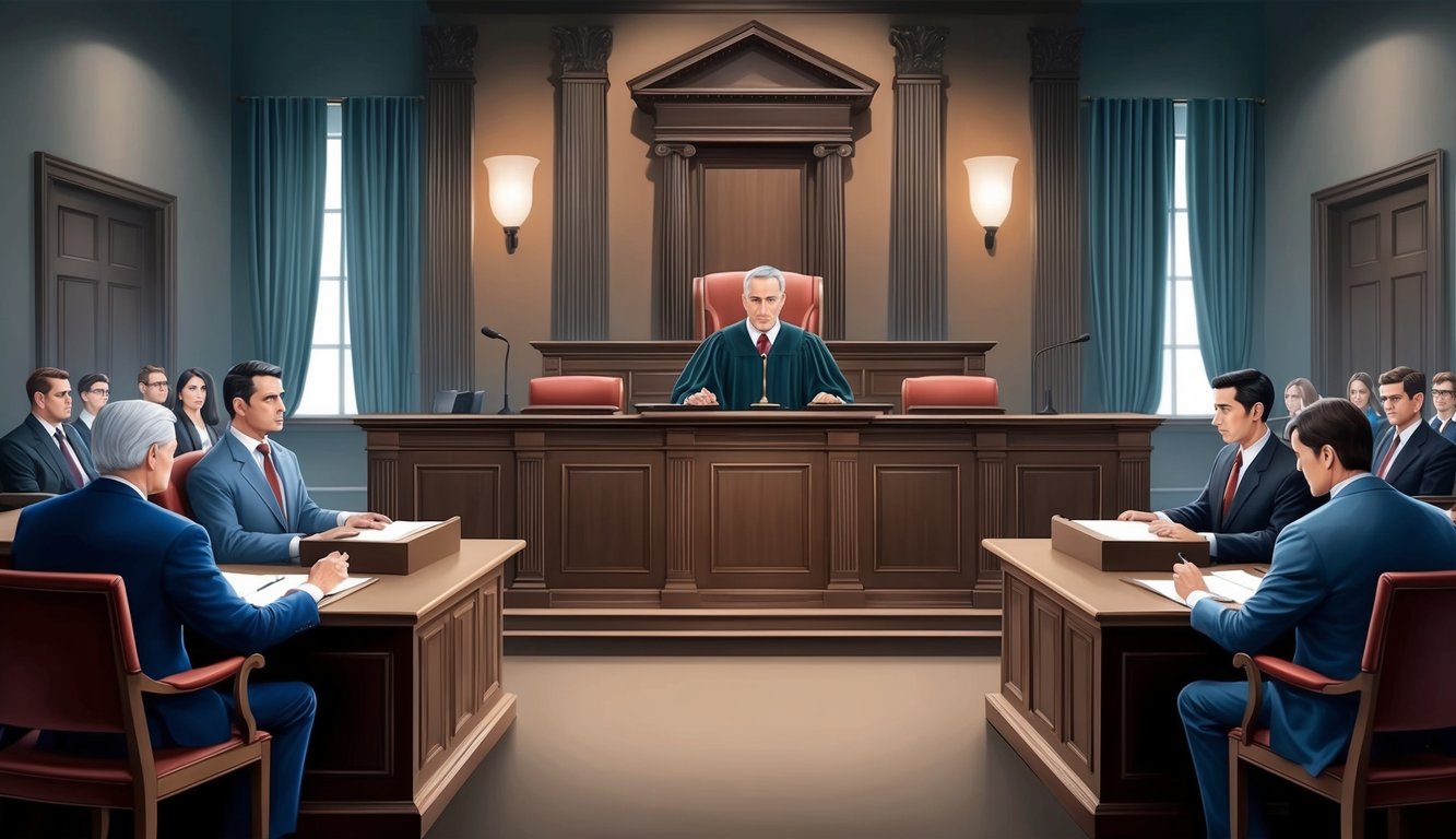 A courtroom with a judge's bench, witness stand, and legal counsel tables, with solemn faces and tense atmosphere