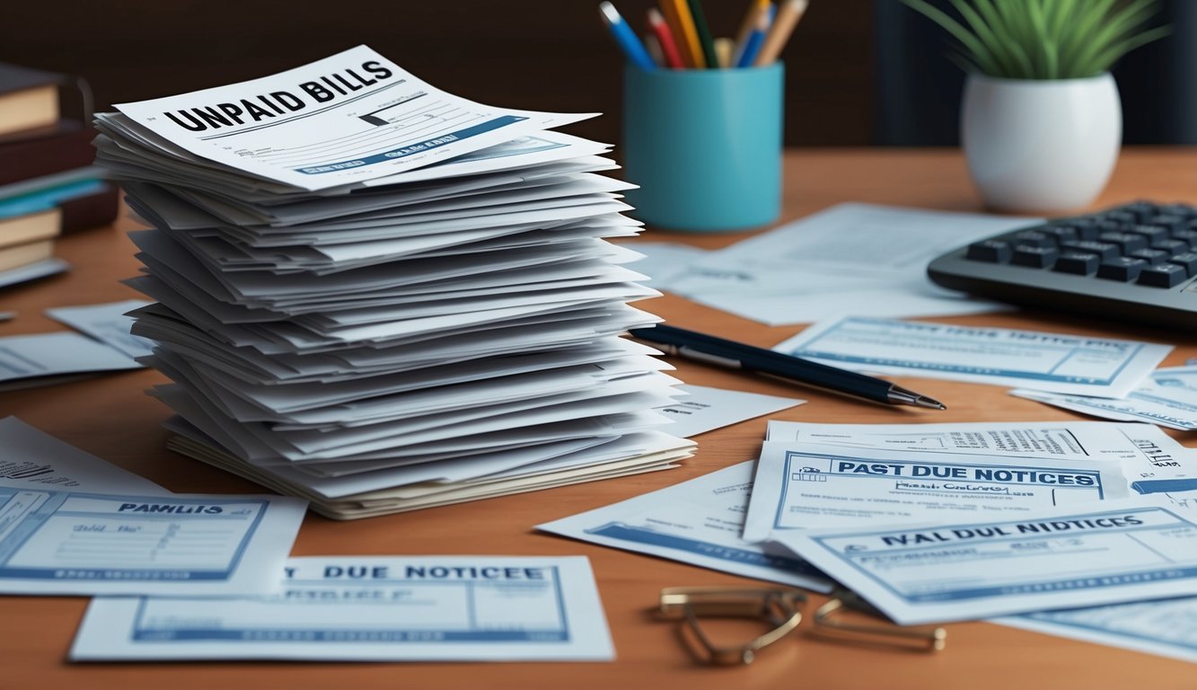 A stack of unpaid bills and past due notices scattered on a cluttered desk