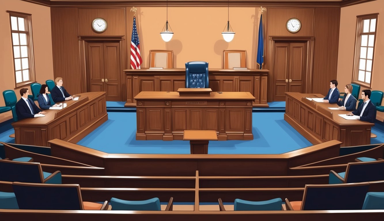 A courtroom with a judge's bench, witness stand, and seating for lawyers and spectators