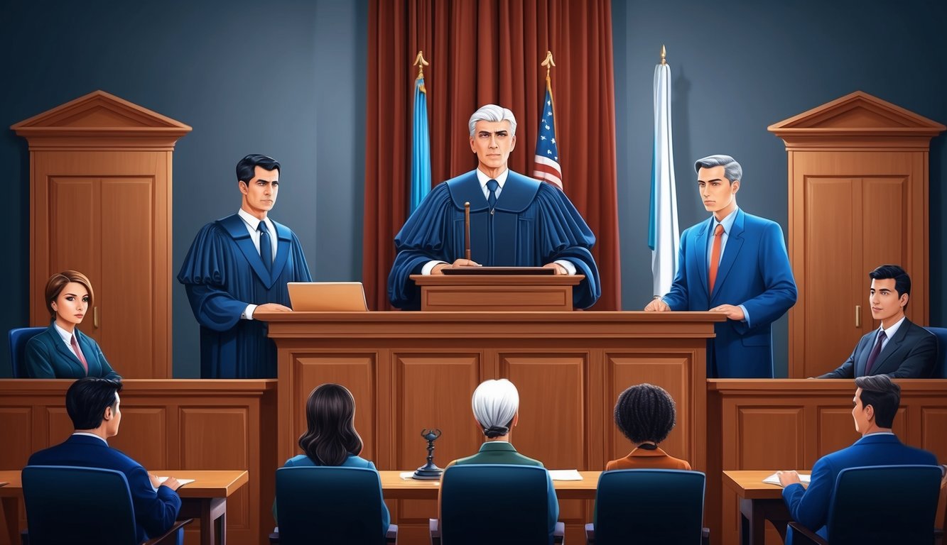 A courtroom with a judge, lawyers, and a witness stand