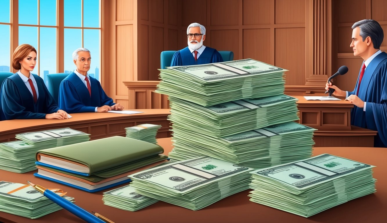 A stack of unpaid bills and a courtroom with a judge and lawyers