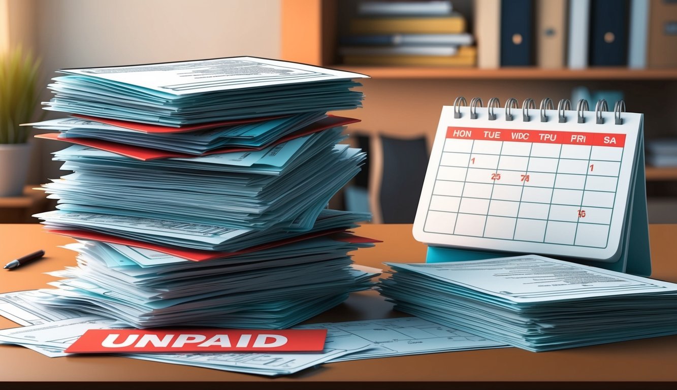 A stack of unpaid bills piling up on a desk, with red overdue notices and a calendar showing missed payment deadlines