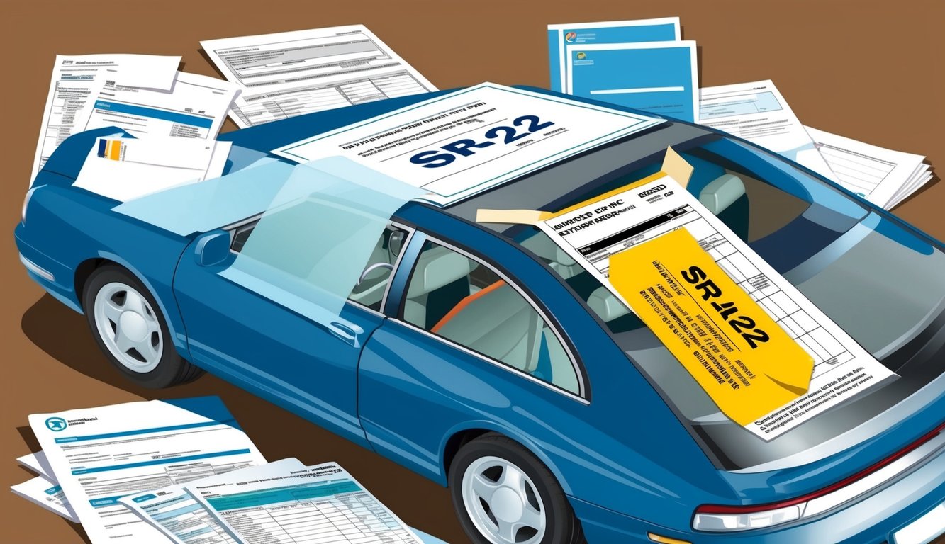 A car with an SR-22 form taped to the windshield, surrounded by insurance documents and a driving record report