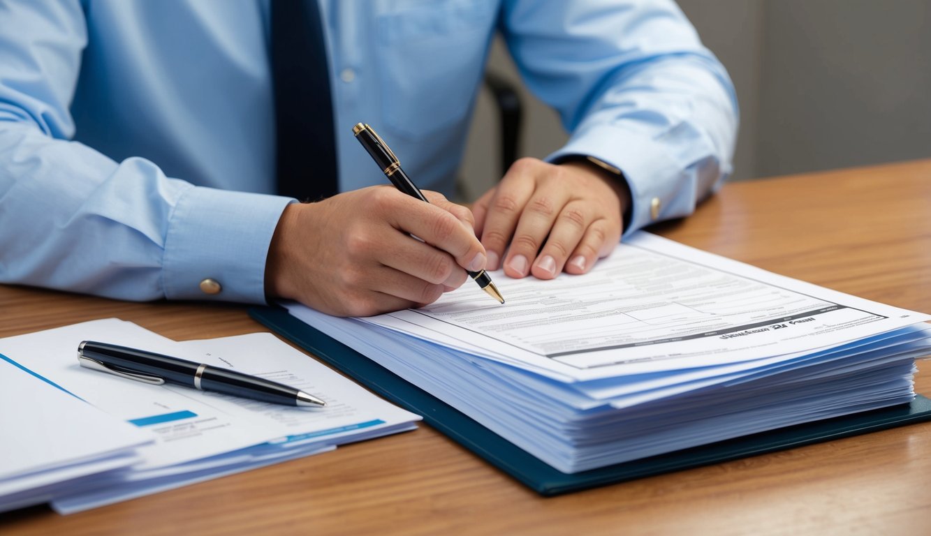 A person filling out SR-22 form with a stack of papers and a pen on a desk