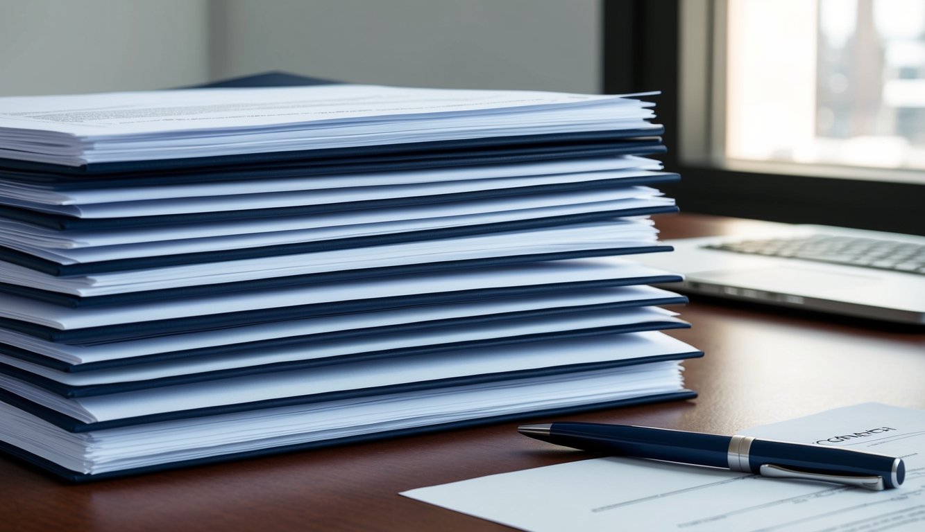 A pile of standardized contract forms stacked neatly on a desk, with a pen lying next to them