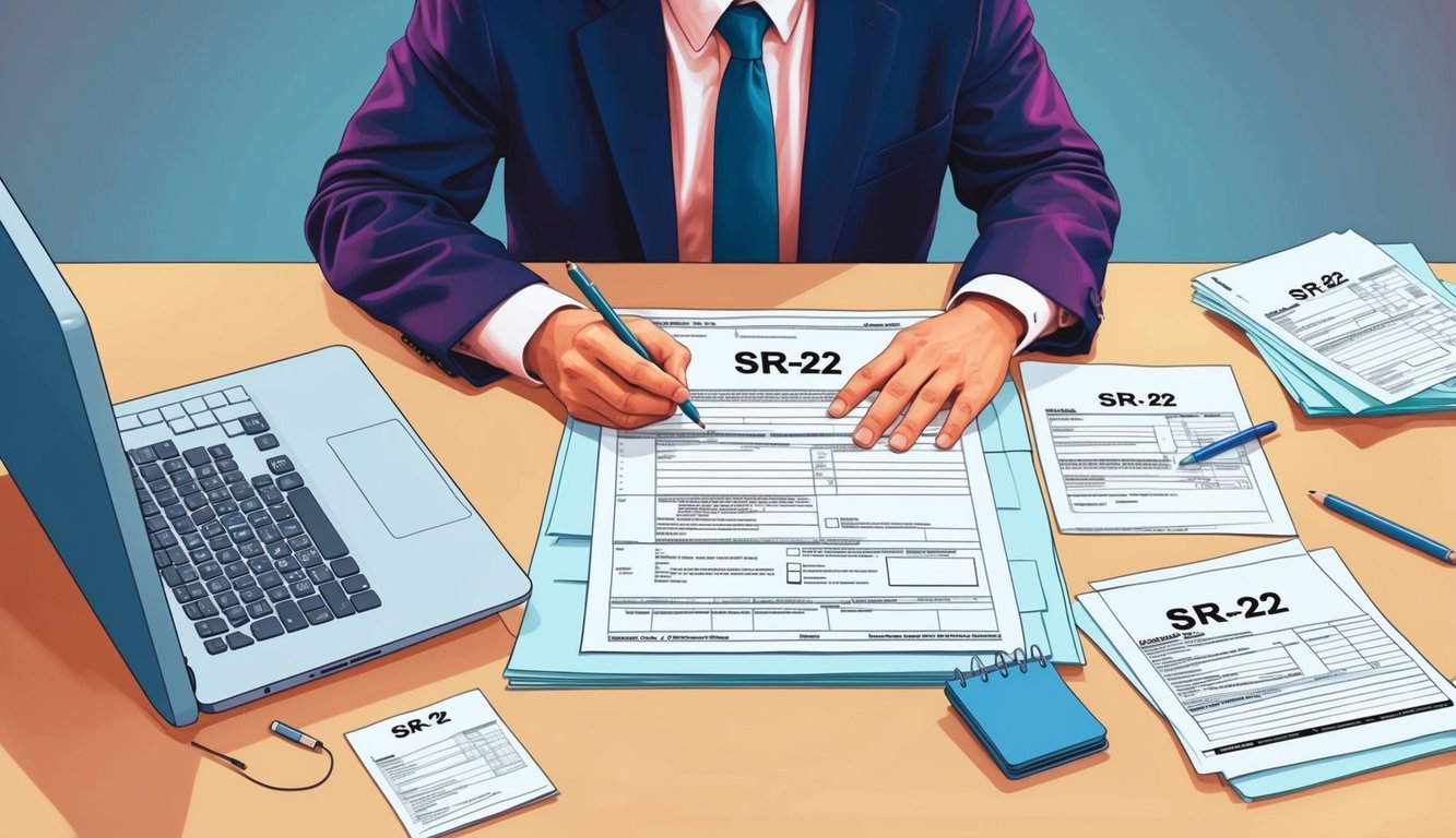 A person at a desk, surrounded by paperwork and a computer, filling out SR-22 documentation