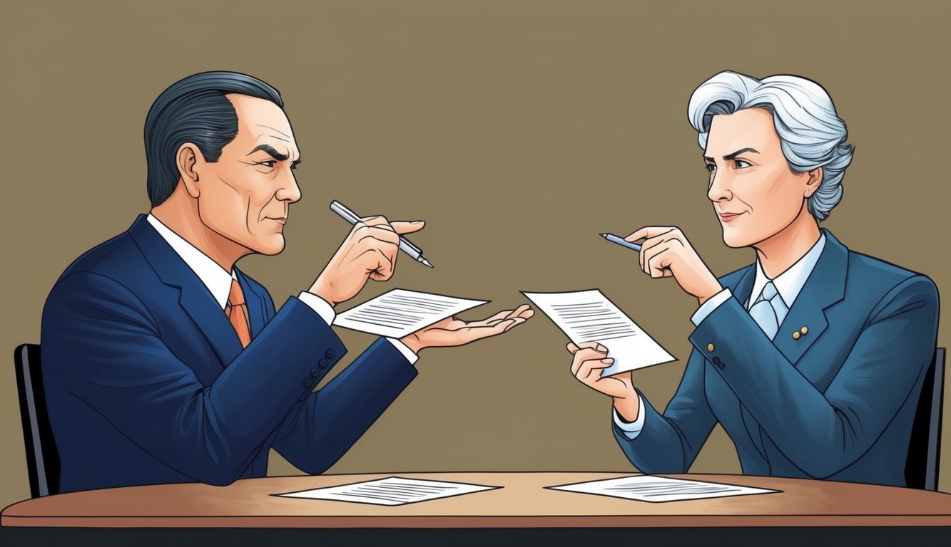 Two figures seated at a table, exchanging papers and gesturing with pens.</p><p>One figure appears stern, while the other looks attentive