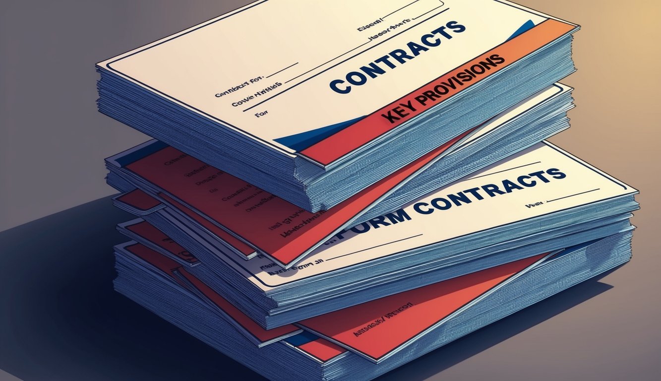 A stack of standard form contracts with key provisions highlighted and labeled