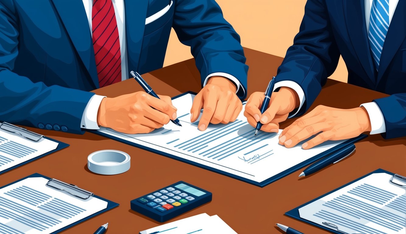 A table with two people signing a contract, surrounded by legal documents and a pen, with a serious and professional atmosphere