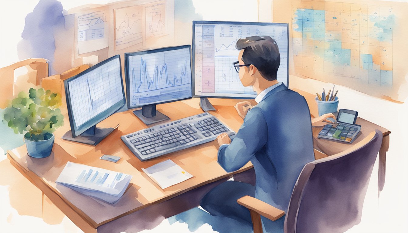 An actuary analyzing data on a computer, surrounded by charts and graphs, with a calculator and pen on the desk