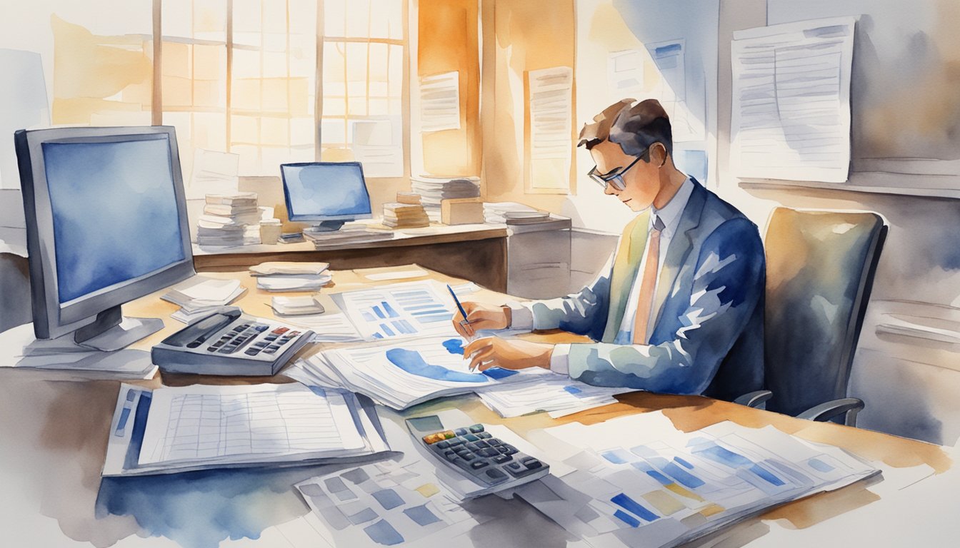 A person reviewing documents at a desk, with a calculator and pen in hand, surrounded by stacks of papers and a computer screen displaying financial data