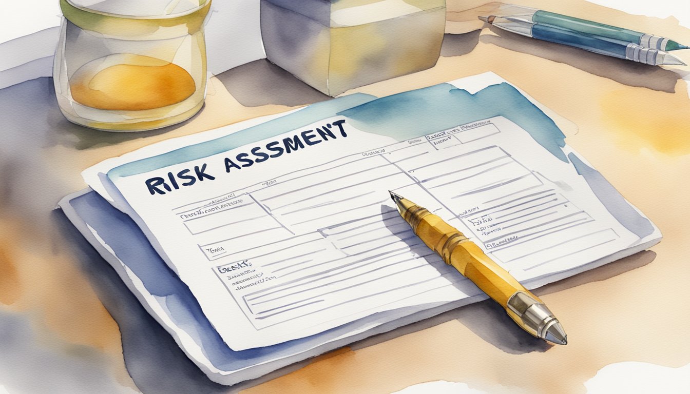 A table with a risk assessment form, a pen, and a set of guidelines