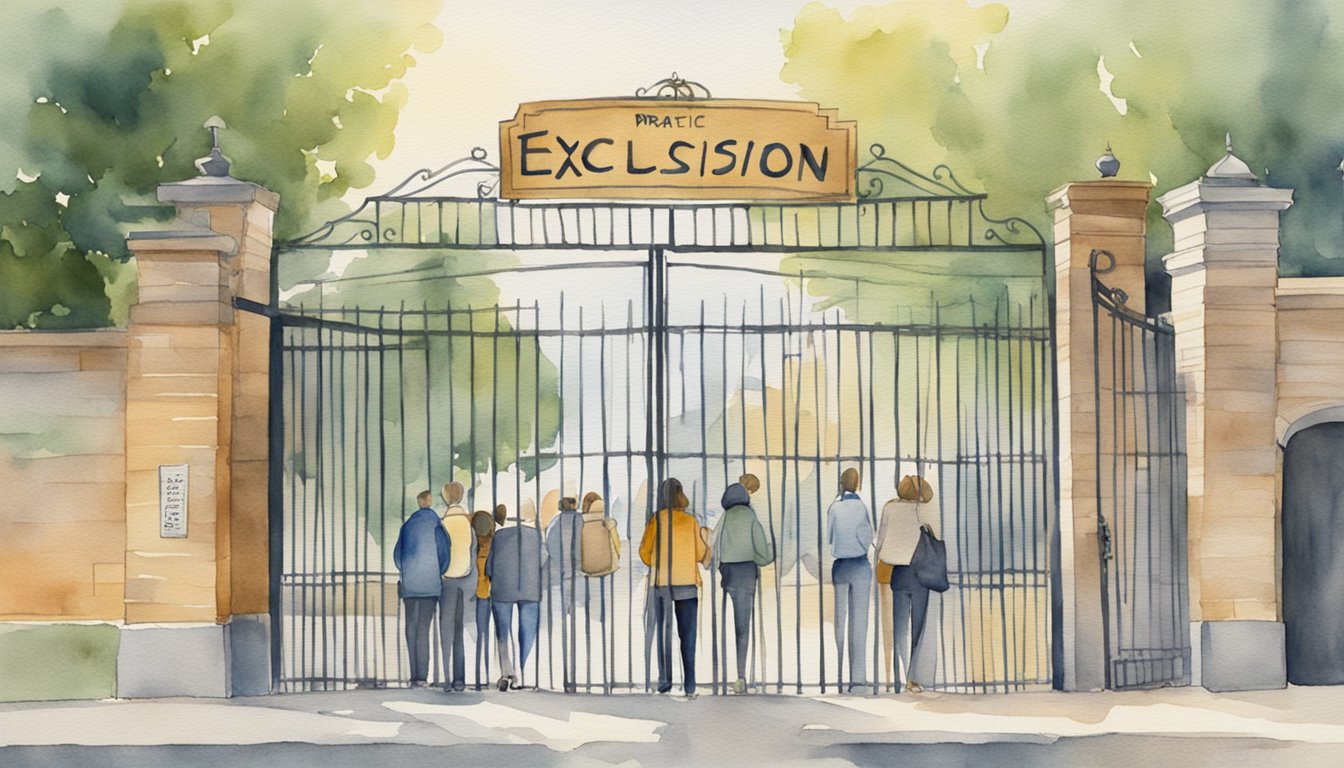 A group of people standing outside a closed gate with a sign that reads "Practice Exclusion" in bold letters