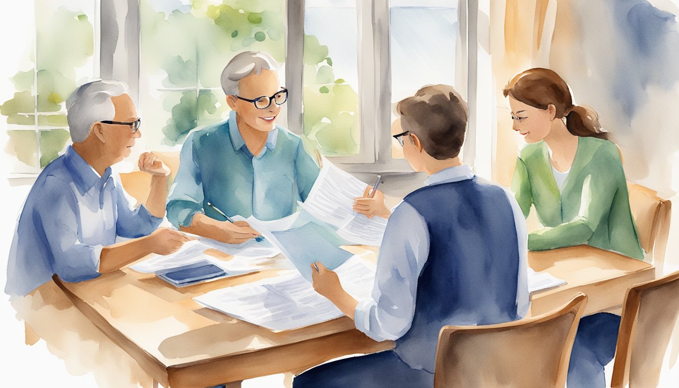 A family sitting at a table, discussing financial plans while a term life insurance policy document is being reviewed and explained