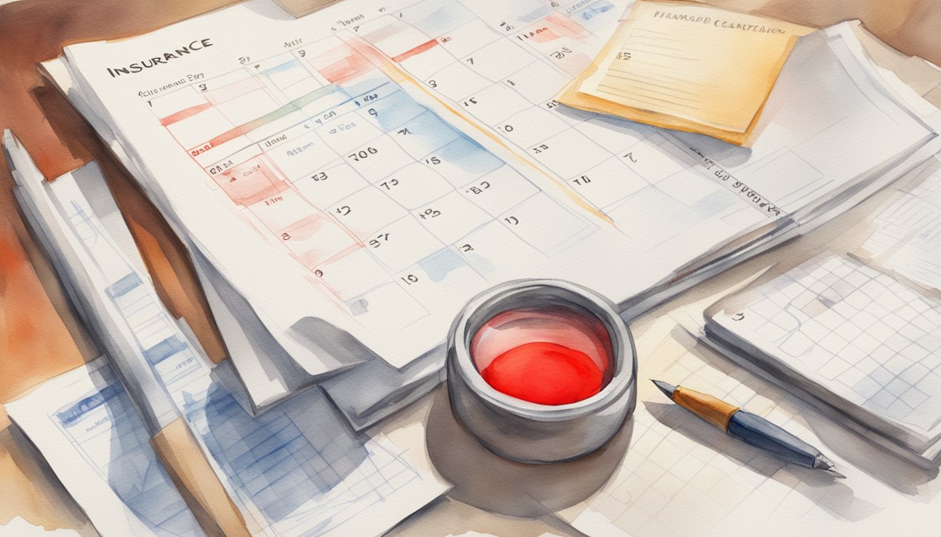 A calendar with a red circle around an expiration date, a warning letter from an insurance company, and a lapsed policy document on a desk