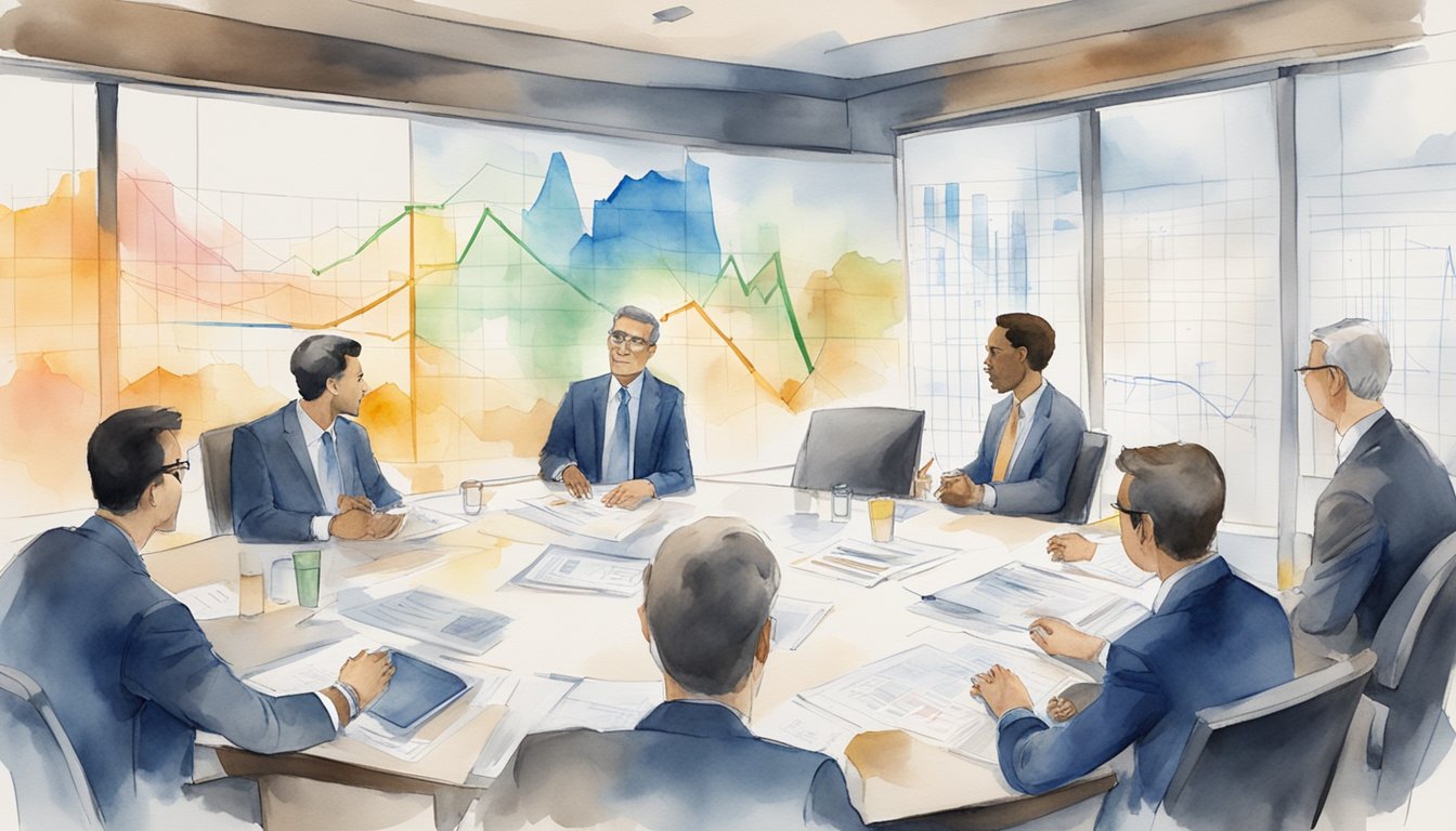 A group of business professionals discussing captive insurance in a boardroom setting, with charts and graphs displayed on a projector