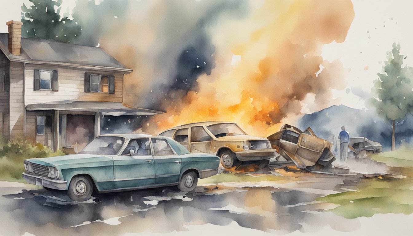 A scene of an insurable event, such as a car accident or a house fire, with visible damage and distraught individuals