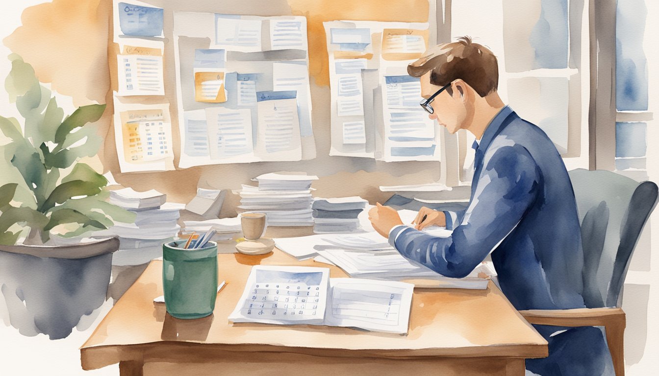 A person sitting at a desk, reviewing documents and insurance policies.</p><p>A calendar on the wall shows important dates.</p><p>A shield symbolizes protection