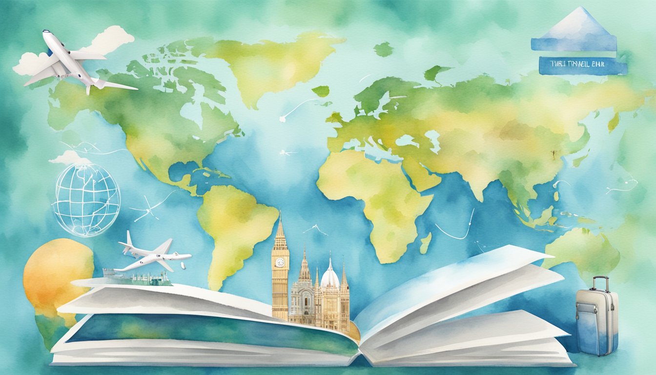 A travel insurance brochure with bold text and icons, surrounded by a world map and images of various travel destinations