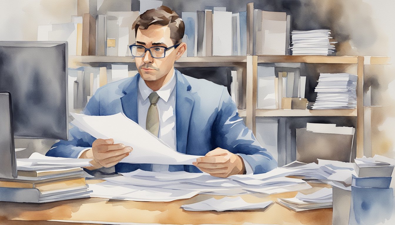 A worker reading a legal document with a puzzled expression, surrounded by office equipment and paperwork