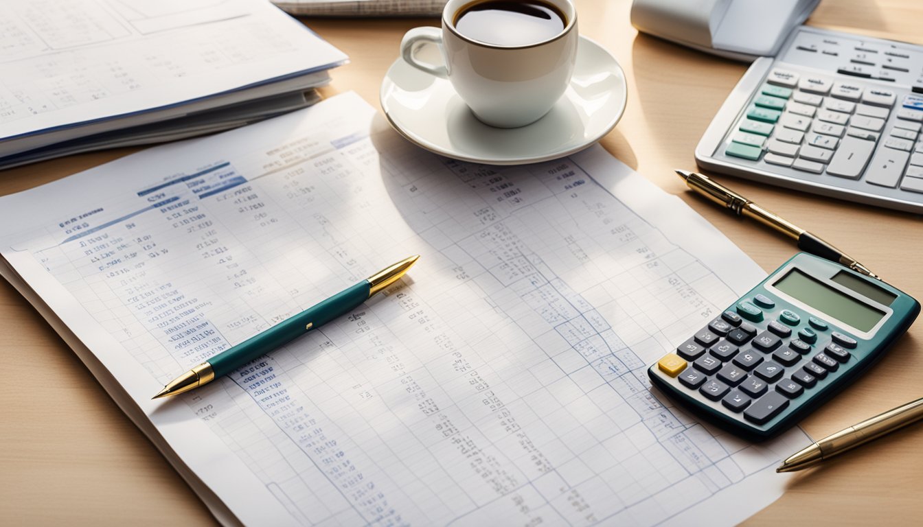 A stack of papers with actuarial valuation formulas and charts laid out on a desk, surrounded by a calculator, pen, and computer