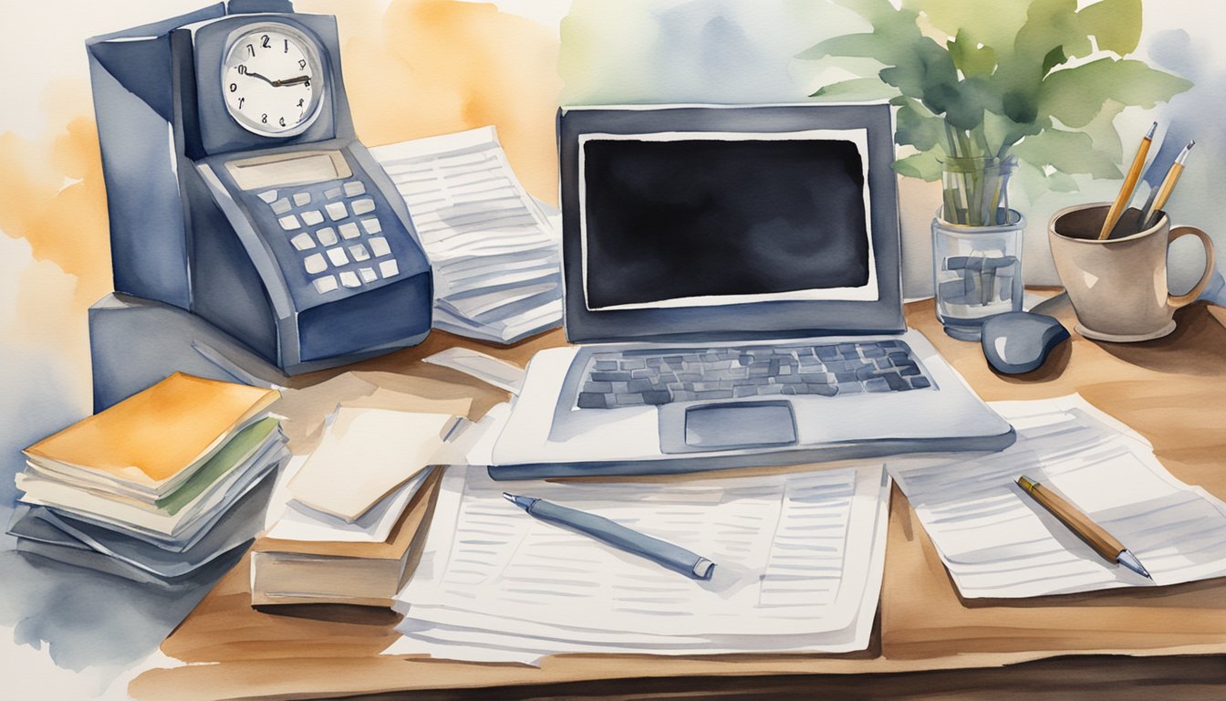 A desk with a computer, phone, and stack of papers.</p><p>A sign reads "Frequently Asked Questions Adjuster." A clock shows 9:00