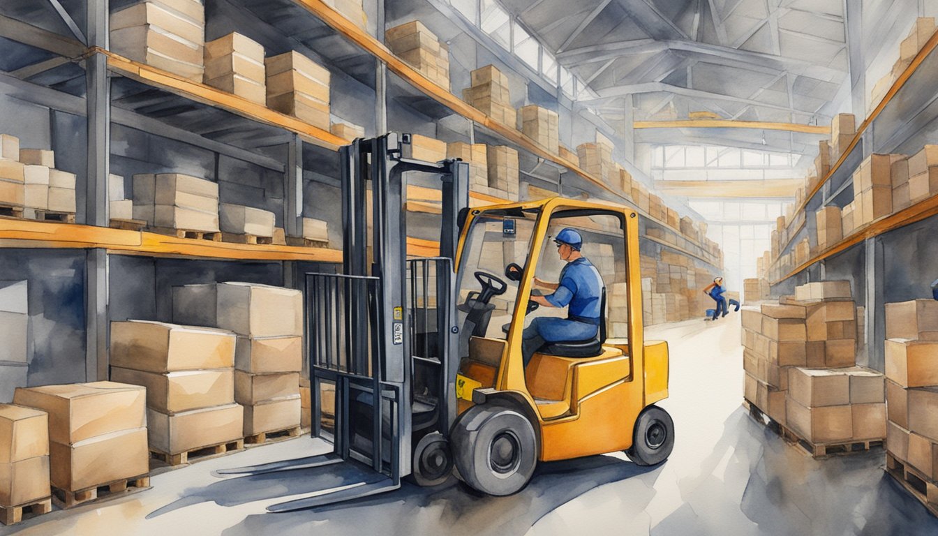 A busy warehouse with forklifts moving pallets of goods labeled with [Keyword] logos, workers scanning items, and a conveyor belt sorting packages